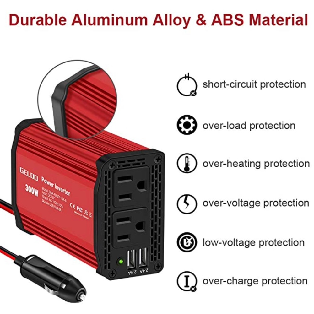 Red GELOO 300W Power Inverter DC 12V to 110V AC Car Inverter SGR-NX3011SK-6 NIB